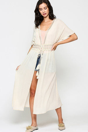 Lace Trim Open Front Tassel Waist Tie Duster Cardigan