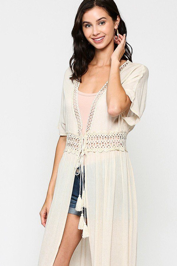 Lace Trim Open Front Tassel Waist Tie Duster Cardigan