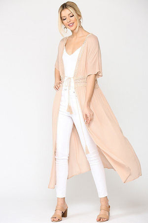 Lace Trim Open Front Tassel Waist Tie Duster Cardigan