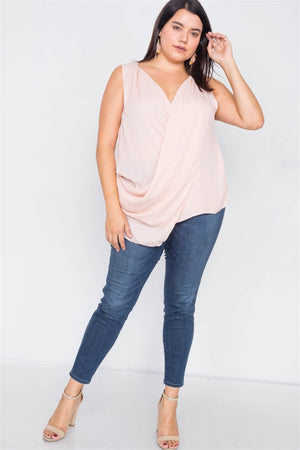 Plus Size Sheer Blush Surplus V-neck Chic Sleeveless Blouse