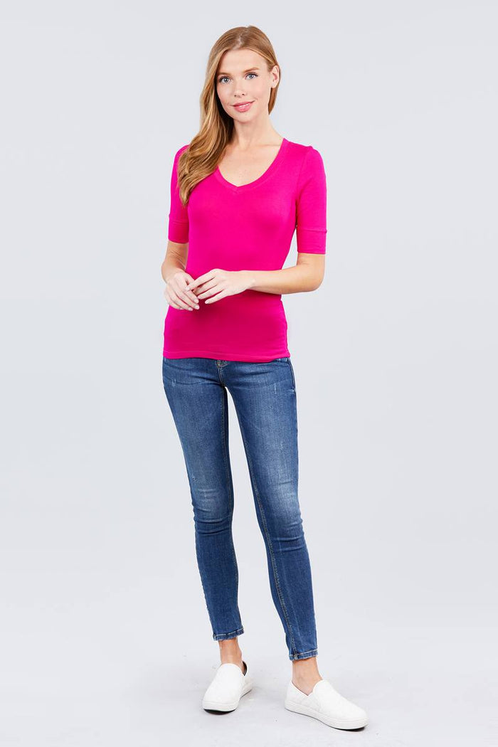 Elbow Sleeve V Neck Top