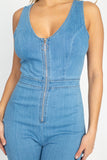 Zip Front V Neck Denim Jumpsuit