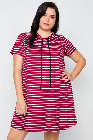 Plus Size Burgundy Stripe Short Sleeve Hooded Shirt Mini Dress