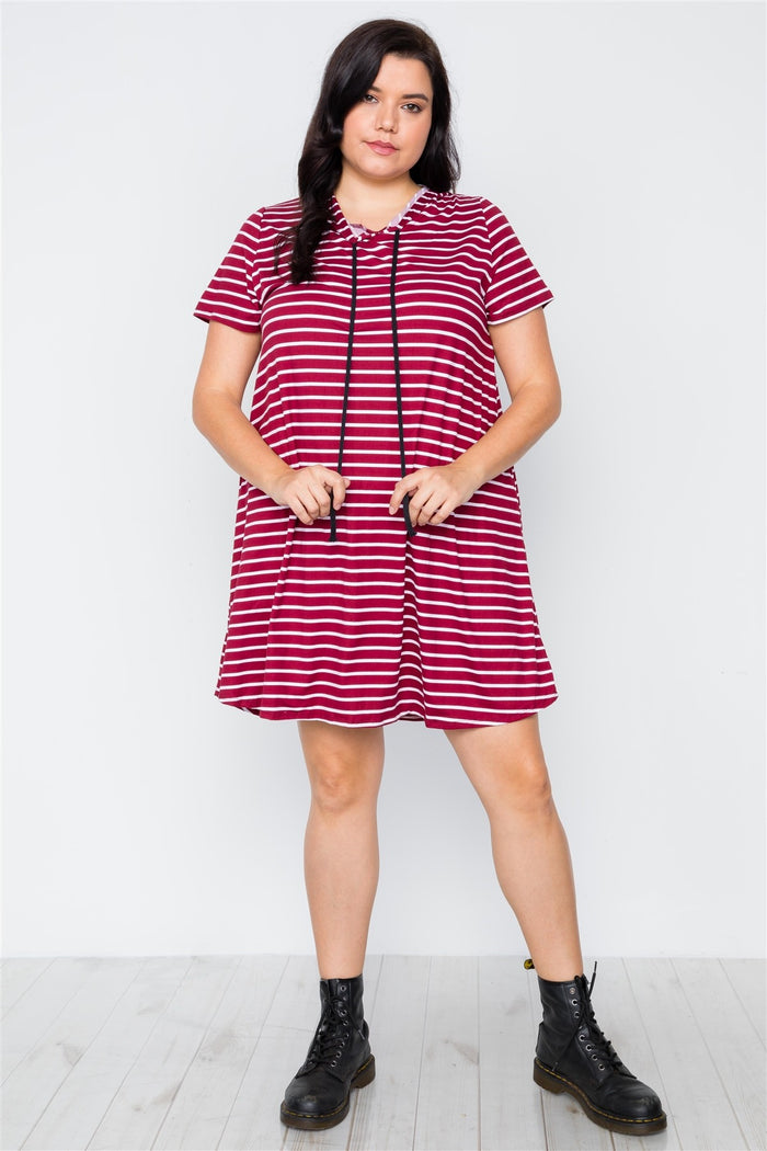 Plus Size Burgundy Stripe Short Sleeve Hooded Shirt Mini Dress