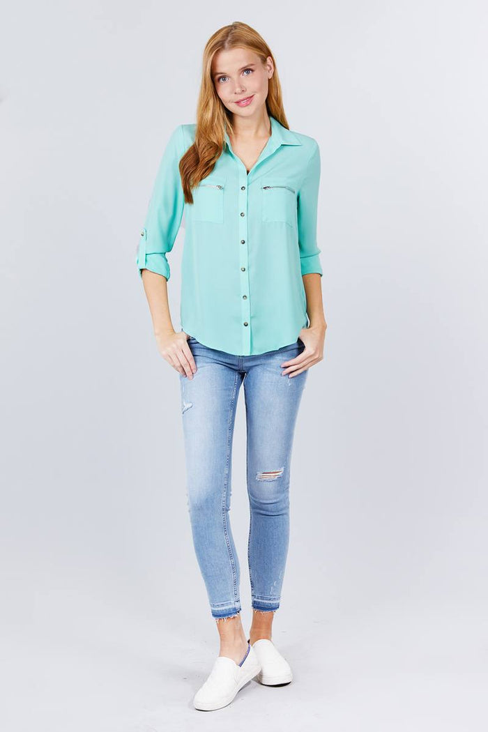 3/4 Roll Up Sleeve Pocket W/zipper Detail Woven Blouse