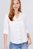 3/4 Roll Up Sleeve Pocket W/zipper Detail Woven Blouse