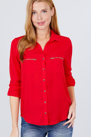 3/4 Roll Up Sleeve Pocket W/zipper Detail Woven Blouse