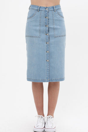 Denim Mid Thigh Length Skirt With Button Down Front Detail