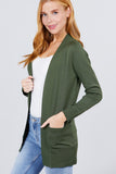 Long Sleeve Rib Banded Open Sweater Cardigan W/pockets