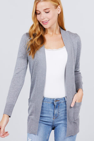 Long Sleeve Rib Banded Open Sweater Cardigan W/pockets