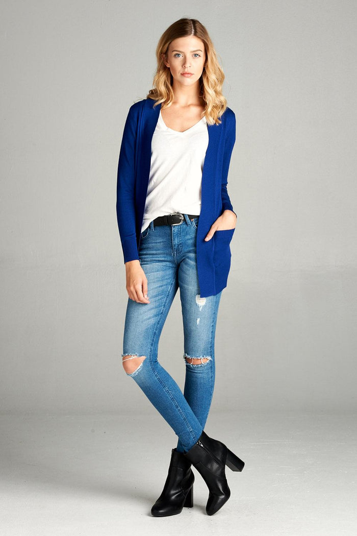 Long Sleeve Rib Banded Open Sweater Cardigan W/pockets