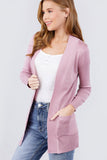 Long Sleeve Rib Banded Open Sweater Cardigan W/pockets