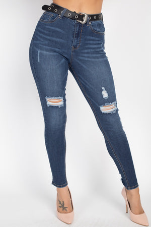 High Waist Belted Skinny Jeans