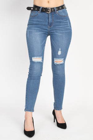 High Waist Belted Skinny Jeans