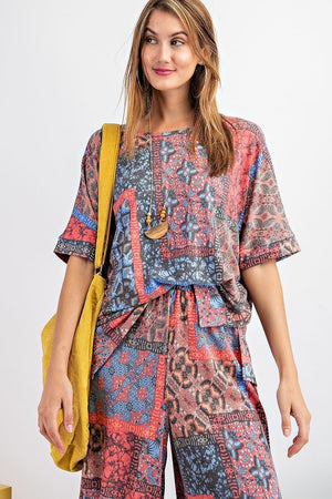 Tribal Printed Short Sleeve Terry Loose Fit Knit Top