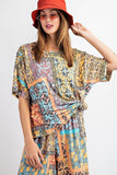 Tribal Printed Short Sleeve Terry Loose Fit Knit Top