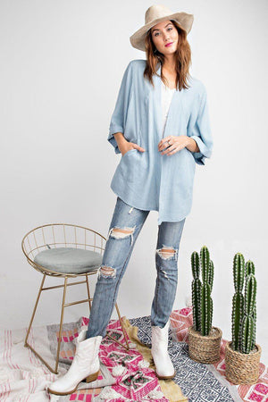 Soft And Lightweight Dolman Slvs Washed Denim Linen Look Open Cardigan