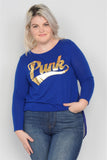 Plus Size "punk" Graphic Print Long Sleeves Sheer Back Hi-lo Top