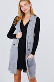 Sleeveless Notched Collar With Side Pocket Long Sweater Vest