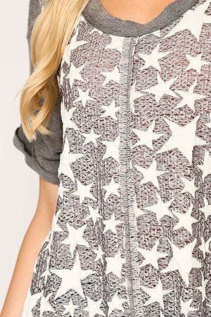 Star Textured Knit Mixed Tunic Top With Shark Bite Hem