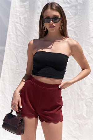 Solid Burgundy Red High Waist Elasticized Waistband Unlined Mini Shorts With Scalloped Bottom Hem