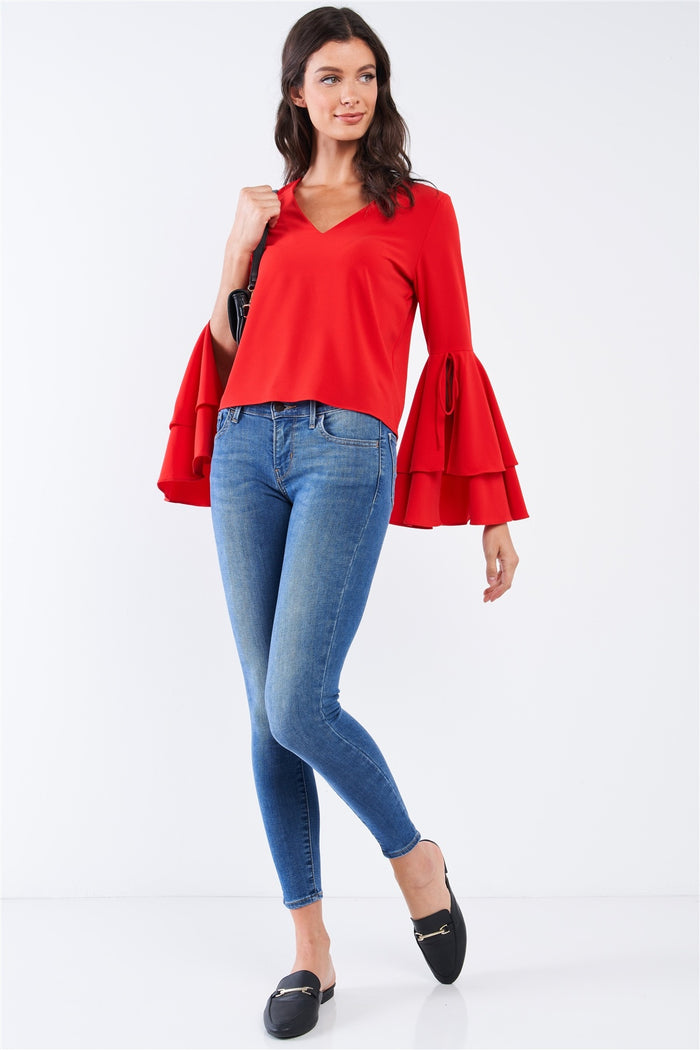 V-neck Long Bluebell Slit Draw String Tie Double Frill Sleeve Top