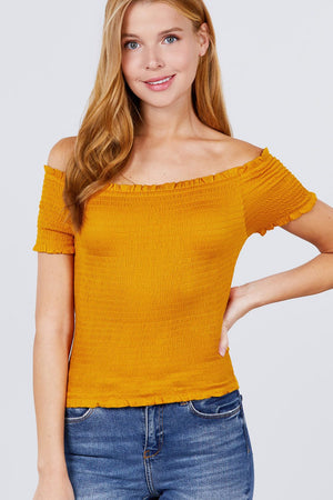 Short Sleeve Off The Shoulder Smocked Rayon Spandex Top