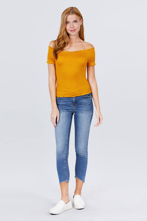 Short Sleeve Off The Shoulder Smocked Rayon Spandex Top