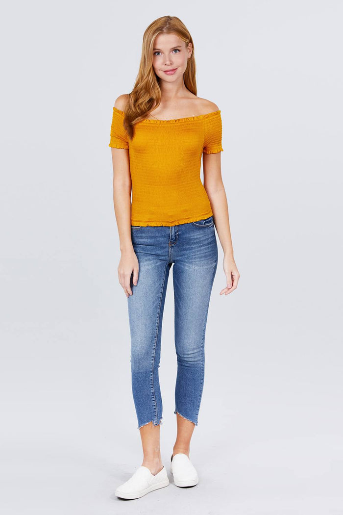 Short Sleeve Off The Shoulder Smocked Rayon Spandex Top