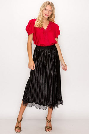 Lace Trim Accordion Pleated Midi Skirt