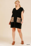 Animal Print Short Folded Sleeve V-neck Dress With Side Buttons And Front Pockets