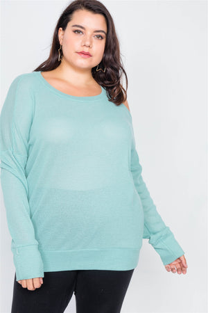Plus Size Sheer Mint Cotton Could Shoulder Sweater