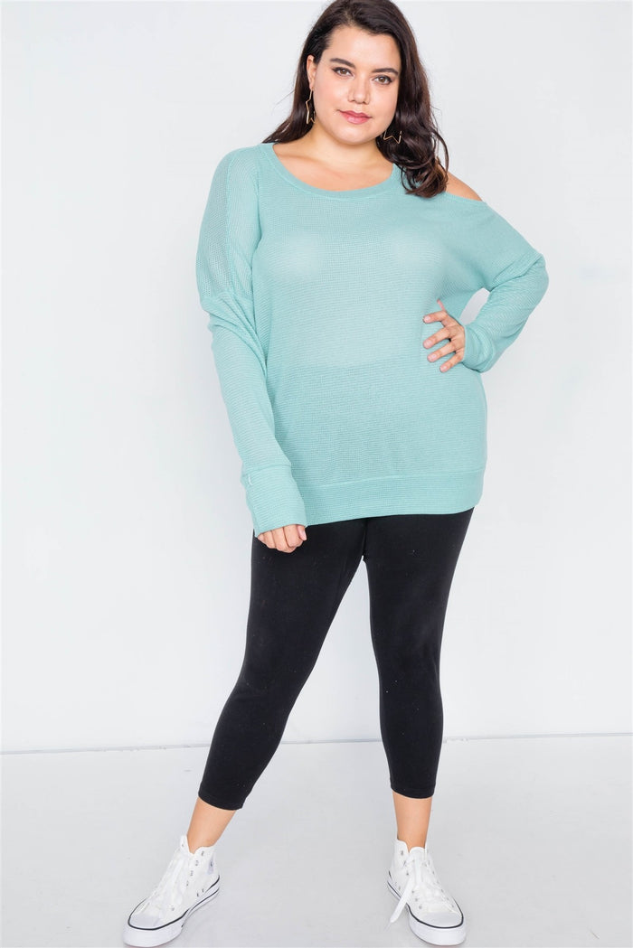 Plus Size Sheer Mint Cotton Could Shoulder Sweater