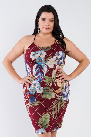 Plus Size Criss-cross Open Back Mini Floral Print Dress