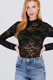Long Sleeve Scallop Mock Neck Lace Bodysuit