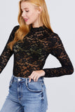Long Sleeve Scallop Mock Neck Lace Bodysuit