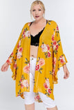 Floral Print Ruffle Detailed Draped Longline Maxi Kimono Cardigan