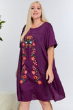 Floral Embroidered Lace Trim Keyhole Back Short Sleeve Shift Dress.