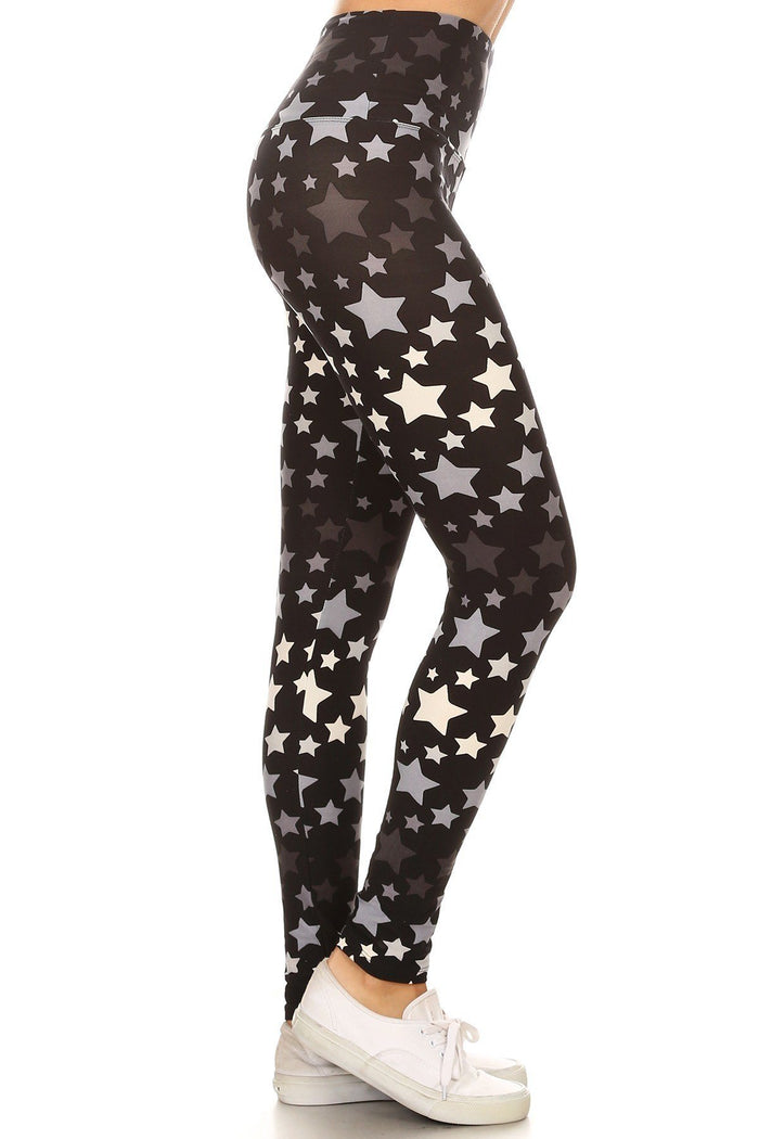 Long Yoga Style Banded Lined Stars Printed Knit Legging With High Waist.