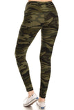 Long Yoga Style Banded Lined Olive Camo Print, Full Length Leggings In A Slim Fitting Style With A Banded High Waist.