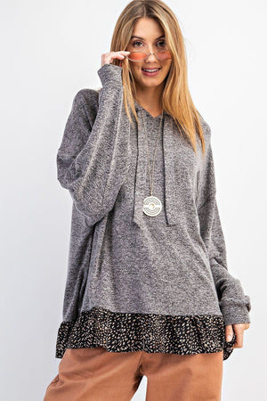 Animal Print Ruffled Bottom Pullover Hoodie Top