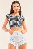 Black And Grey Striped Square Neck Mini Sleeve Cropped Top