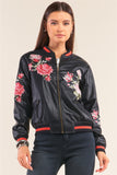 Rosa Black Vegan Leather Floral Embroidery Striped Hem Bomber Jacket