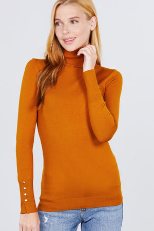 Long Sleeve With Metal Button Detail Turtle Neck Viscose Sweater