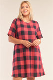 Plus Size Checkered Round Neck Short Sleeve Sweater Mini Dress