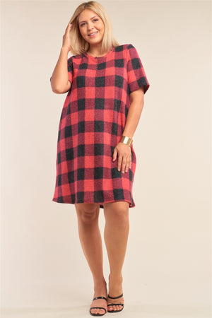 Plus Size Checkered Round Neck Short Sleeve Sweater Mini Dress