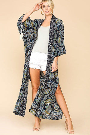 Mix-printed Open Front Kimono With Side Slits