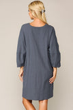 Textured Button Accent Puff Sleeve Side Pockets Shift Dress