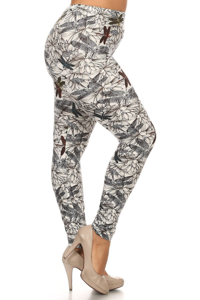 Plus Size Dragonfly Print, Full Length Leggings In A Fitted Style With A Banded High Waist.