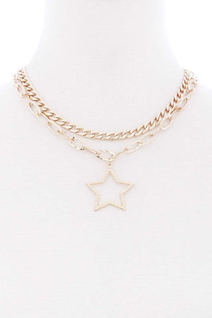 Chunky 2 Layered Chain Star Pendant Metal Necklace